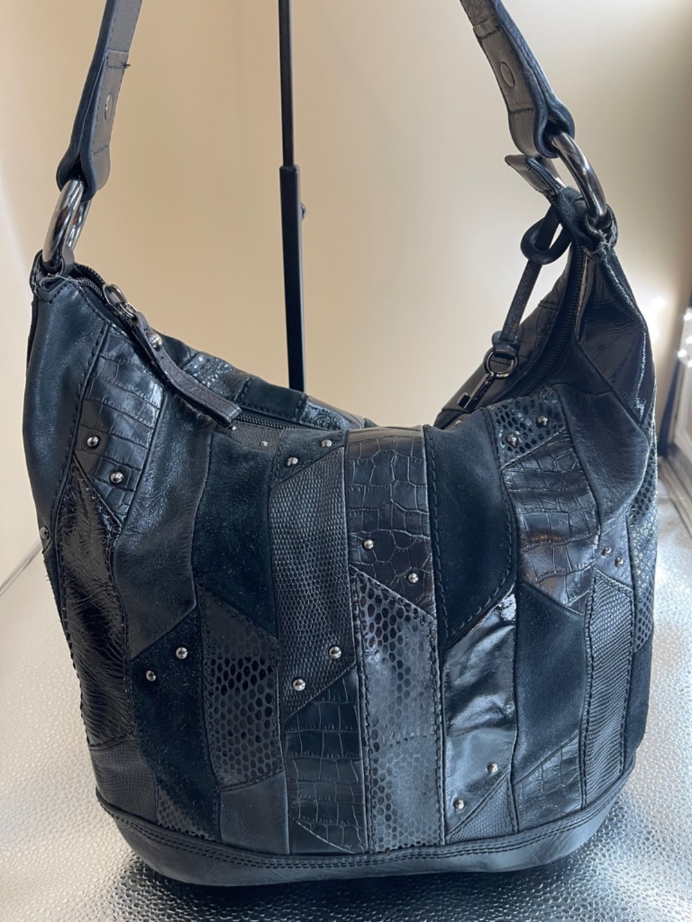 Fossil Black Patchwork Hobo Shoulder Bag with key beautiful and unique Fossil